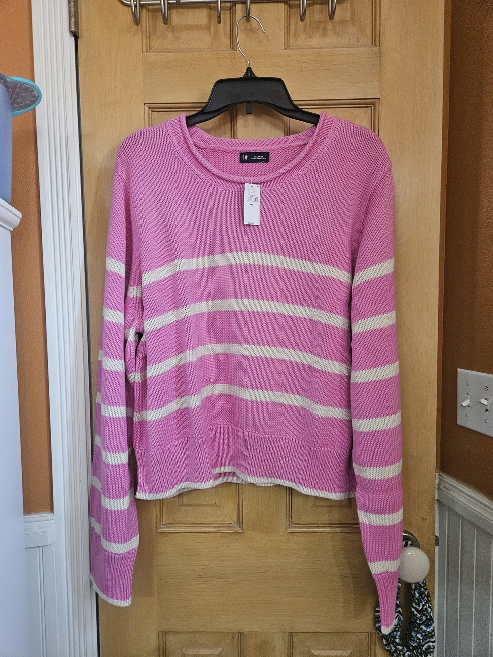 GAP Pink and Cream Striped Crewneck Sweater